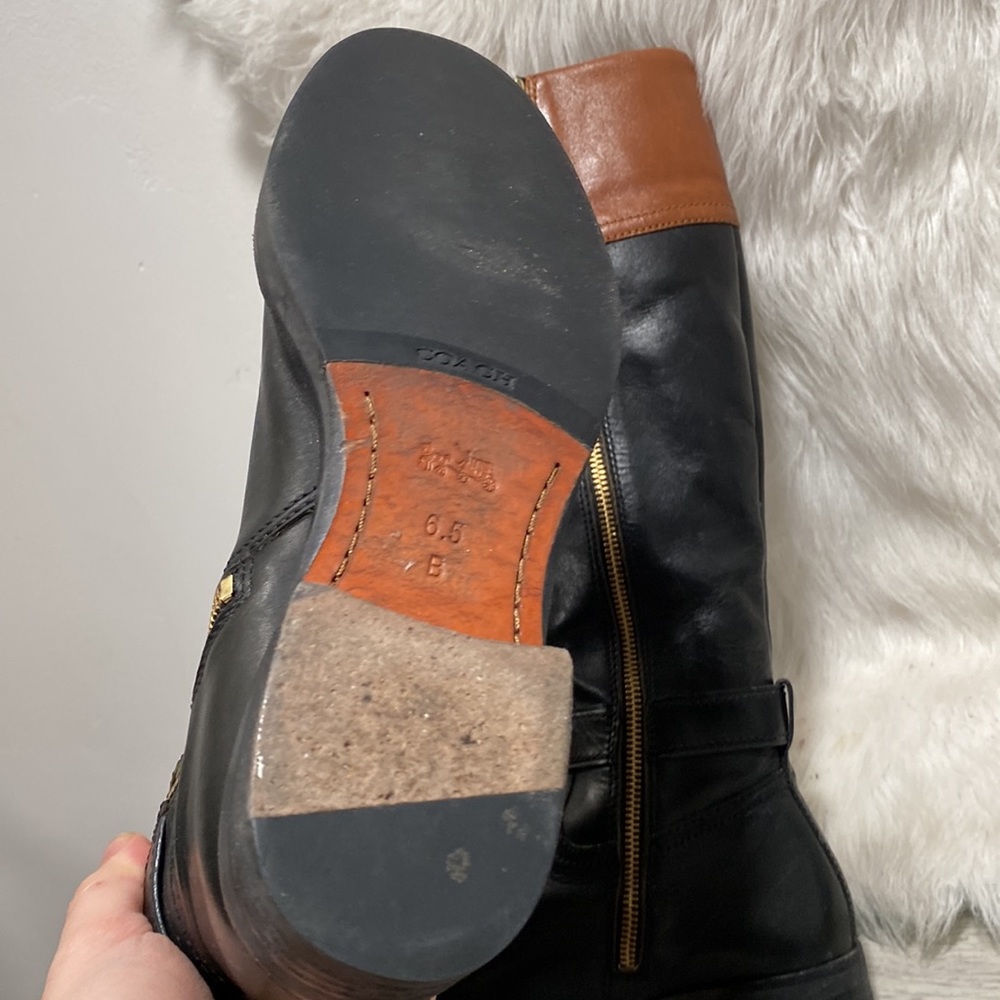COACH EVA Black Brown Calf Leather Tall Boots 6.5 B Zip Classy 2-tone - Picture 7 of 13